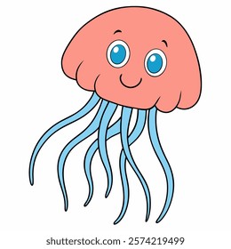 Cute cartoon jellyfish isolated on white background. Front view. Vector illustration