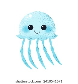 Cute cartoon jellyfish. Isolated vector illustration on white background. Kawaii creature for childish print, poster, card. Sea and ocean life. Vector clip art.