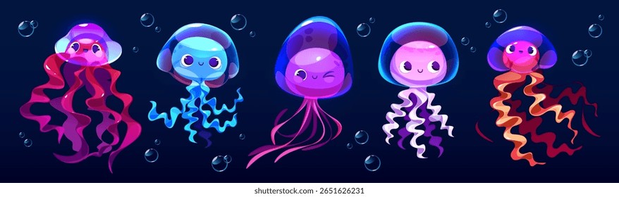 Cute cartoon jellyfish medusa characters - colorful underwater creatures with kawaii faces floating among bubbles. Vibrant sea animals in gradient colors for ocean children book or aquarium content.