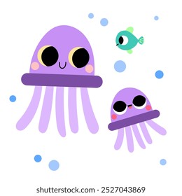 Cute cartoon jellyfish ocean sea creatures with fish and bubbles. Ideal for kid toddler book clipart, education page.