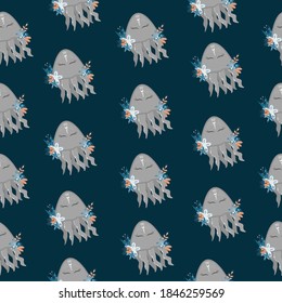 Cute cartoon cute jellyfish on blue background. Seamless pattern, vector illustration.