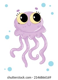 Cute cartoon jellyfish on a white background. Children s print with a sea animal. Vector illustration.