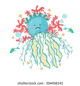 Cute cartoon jellyfish on white background with fishes,bubbles and corals. Good for your design.