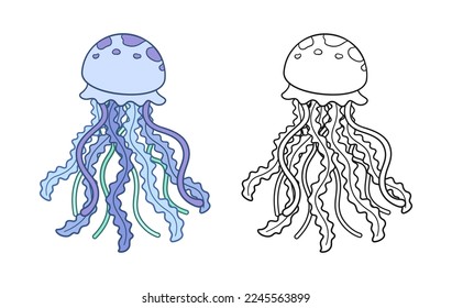 Cute cartoon jellyfish outline set vector art illustration. Underwater marine animal cartoon design. Coloring book page activity for kids