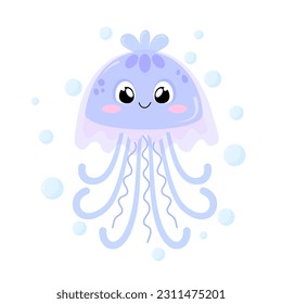 Cute cartoon jellyfish. Sea jellyfish vector illustration isolated on white background.