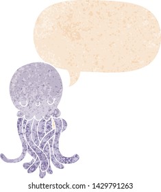 cute cartoon jellyfish with speech bubble in grunge distressed retro textured style