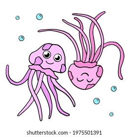 Cute cartoon jellyfish swim underwater. Sea animals, air bubbles in the water. invertebrates. Flat vector illustration for children. 