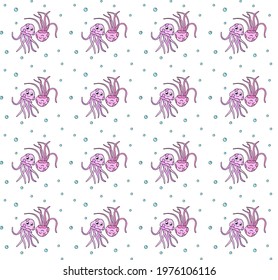 Cute cartoon jellyfish swim underwater. Seamless pattern. Sea animals, air bubbles in the water. invertebrates. Flat vector illustration for children. wallpaper, wrapping paper, clothing print.