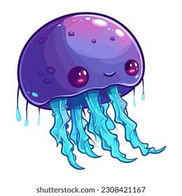 Cute cartoon jellyfish with tentacles underwater icon isolated
