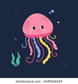 Medusa de dibujos animados lindo, ilustración vectorial en el fondo del mundo submarino