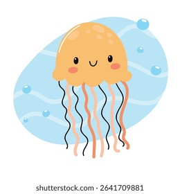 A cute cartoon jellyfish with a yellow body and long black tentacles swims in a light blue background with bubbles. The jellyfish has a smiling face.