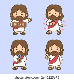 Cute Cartoon Jesus Offering Free Hug and Flower with Loving Gestures on Blue Background