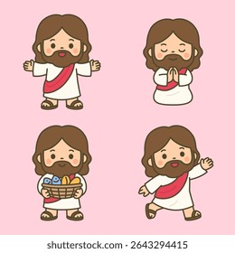 Bonito Desenho Animado Jesus Orando, Bênção, e Segurando Pão e Cesta de Peixe no Fundo Rosa