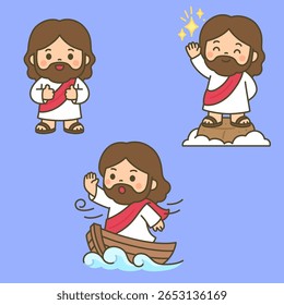 Desenho animado Jesus pregando e velejando em barco Vetor Ilustração