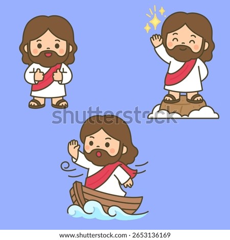 Cute Cartoon Jesus Preaching and Sailing in Boat Vector Illustration