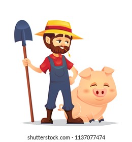 Cute cartoon joyful mature male young guy farmer in straw hat and holding shovel with happy domestic hog pig isolated on white background. Vector illustration. eps10