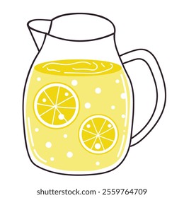 Cute cartoon jug of lemonade in flat style. Lemon juice summer drink isolated on white background.