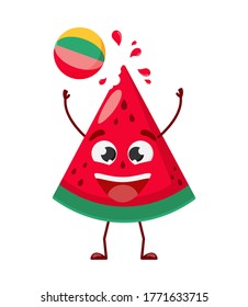 Cute cartoon juicy watermelon fruit character playing with beach ball. Popular summer activities. Kid poster and summer t-shirt design. Isolated vector illustrations. Hello summer