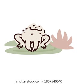 Cute cartoon jumping frog on pond lily pad flower lineart vector illustration. Simple amphibian sticker clipart. Kids lake wildlife hand drawn kawaii aquatic toad. 