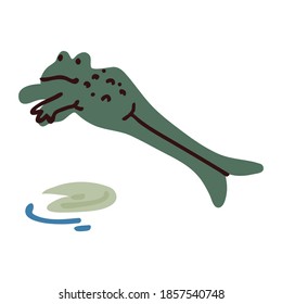 Cute cartoon jumping frog on pond lily pad lineart vector illustration. Simple amphibian sticker clipart. Kids lake wildlife hand drawn kawaii aquatic toad. 