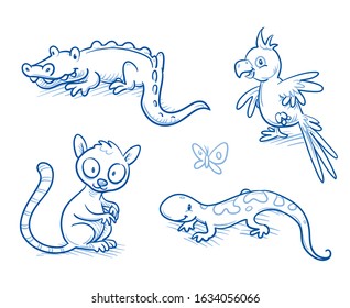 Cute cartoon jungle animals for children as crocodile, parrot, lemur and salamander. Hand drawn doodle vector illustration.