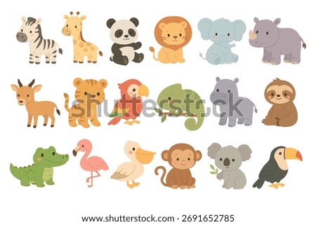 Cute cartoon jungle animals collection in flat vector style, perfect for kids designs and prints.