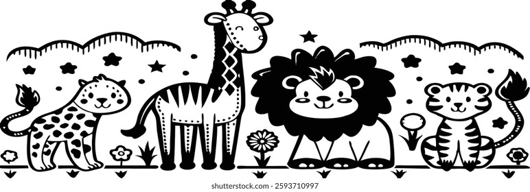cute cartoon jungle animals with elements in black vector
