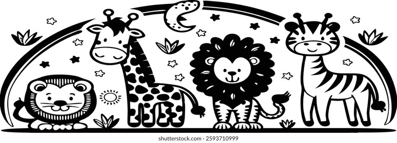 cute cartoon jungle animals with elements in black vector