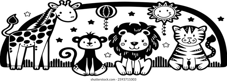 cute cartoon jungle animals with elements in black vector