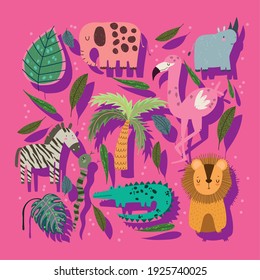 cute cartoon jungle animals palm tree and leaves over pink background vector illustration