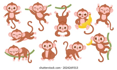 Cute cartoon jungle baby monkey character poses. Exotic tropical animal mascot, ape jumping on tree, holding banana and sleeping vector set of monkey character in poses various illustration