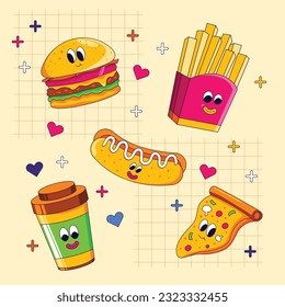 Cute Cartoon Junk Food Character Sticker Object Collection with Bold and Happy Color 