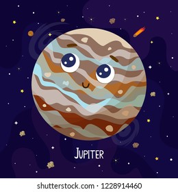 Cute cartoon Jupiter planet character. Space vector illustration