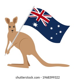 Canguro de tiras cómicas con la bandera de Australia. Composición para el Día de Australia de vacaciones. vector dibujado a mano, de estilo plano. El símbolo del país, patriotismo, hospitalidad. Por turismo, celebración, escuela.