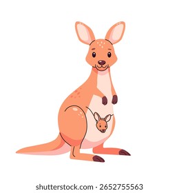 Cute cartoon kangaroo with a baby joey in its pouch. Adorable marsupial character suitable for children’s books, educational content, or wildlife-themed designs