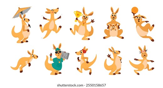 Cute cartoon kangaroo. Happy kangaroo characters, australian marsupial animals jumping running listen music. Wildlife funny classy vector clipart