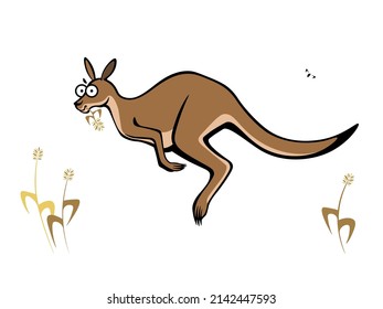 Cute cartoon kangaroo hopping with a straw