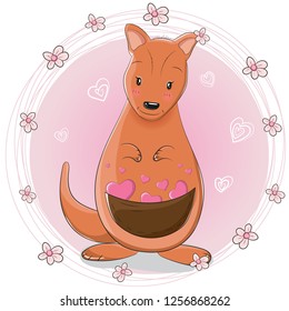 cute cartoon kangaroo with love on pink background
