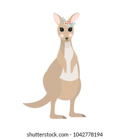 Cute cartoon kangaroo on isolated white background, vector illustration.