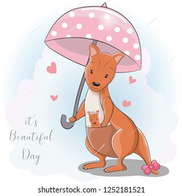 cute cartoon kangaroo with umbrella under the rain