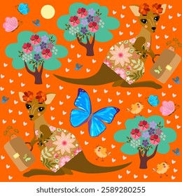 Cute cartoon kangaroos, chickens, trees and butterflies on an orange background. Seamless pattern for children. Fairytale Australia.