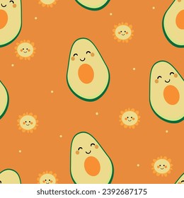 Cute cartoon kawai avocado fruit seamless pattern. cute wallpaper for gift wrapping paper, textile, colorful vector for children, flat style