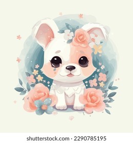 Cute cartoon kawaii baby dog watercolor illustration