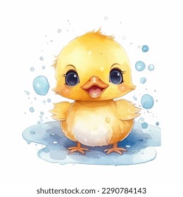 Cute cartoon kawaii baby duck watercolor illustration