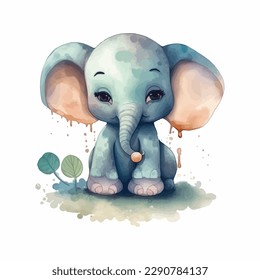 Cute cartoon kawaii baby elephant watercolor illustration