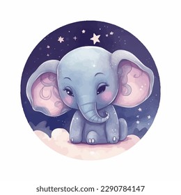 Cute cartoon kawaii baby elephant watercolor, night and moon illustration