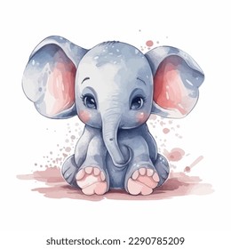 Cute cartoon kawaii baby elephant watercolor illustration