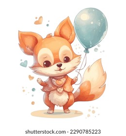 Cute cartoon kawaii baby fox watercolor illustration