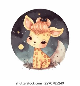 Cute cartoon kawaii baby giraffe watercolor illustration