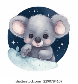 Cute cartoon kawaii baby koala watercolor illustration
